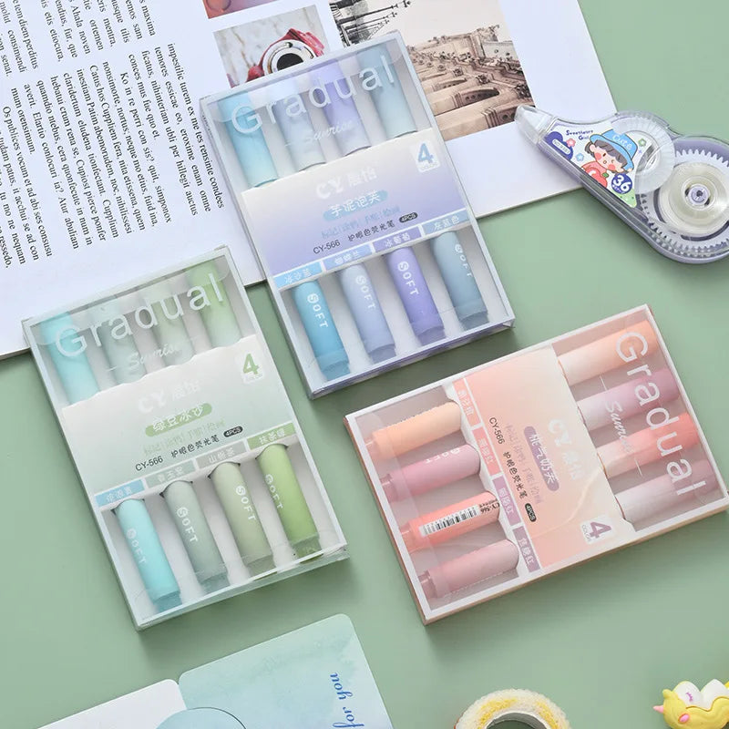 4PCS Color Markers Highlighter Pen Set Kawaii Markers Soft Head Focus on Notes Painting School Art Supplies Stationery