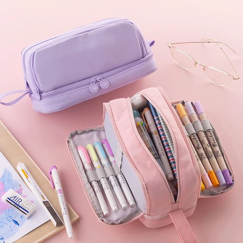 Double-layer Large Capacity Pencil Case Simple Solid Color Stationery Box Multi-function Pen Bag Student Learning Materials