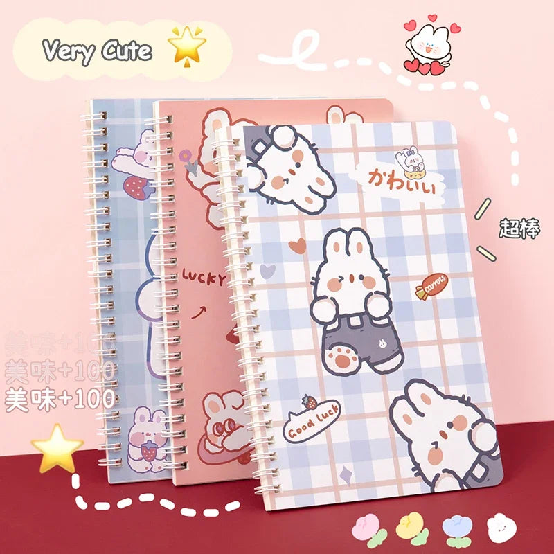 4 Books/Set A5 Cartoon Line Coil Notebook Hard Cover Kawaii Korean Stationery School Supplies for Students