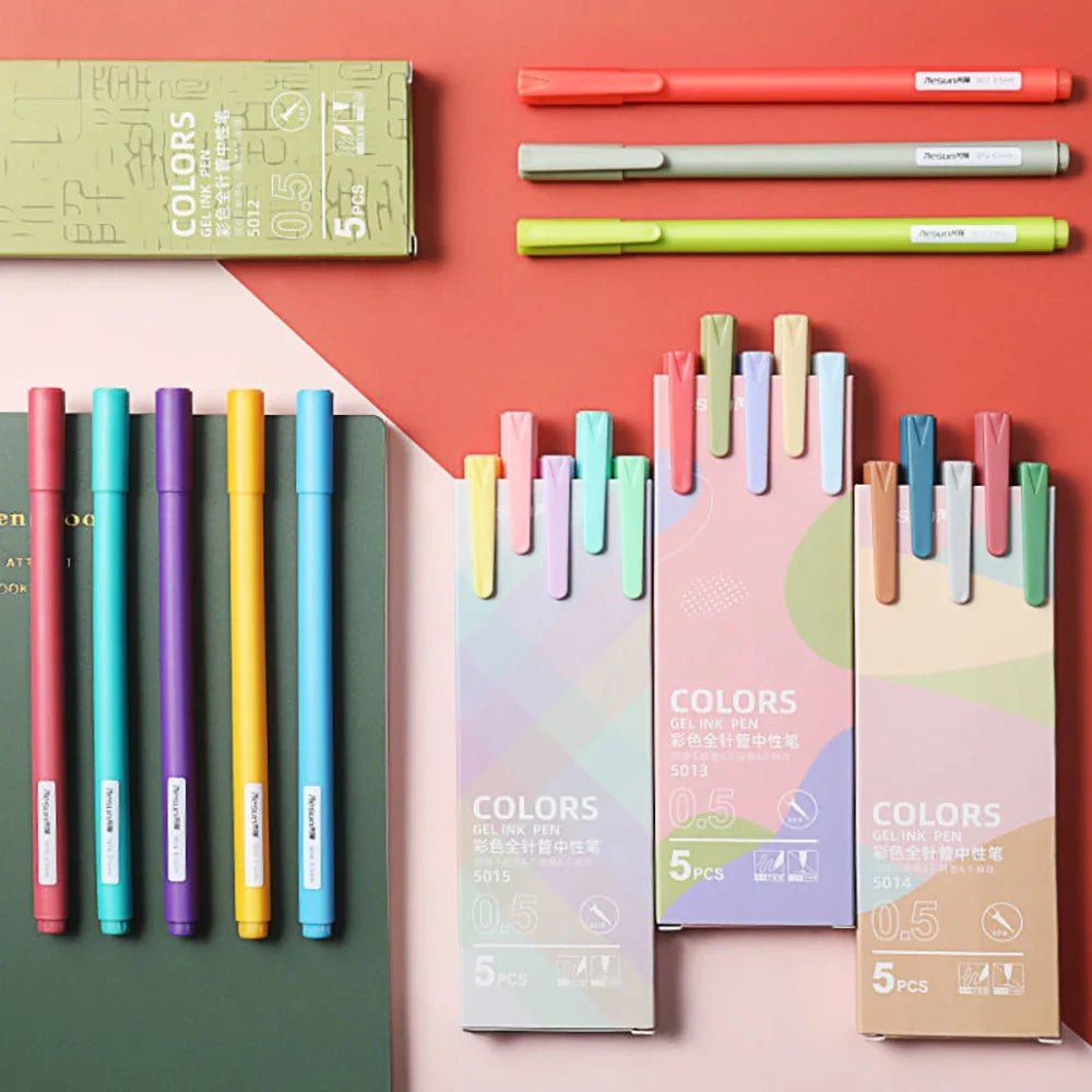 5Pcs/box Retro Kawaii Diverse Color Gel Pen Set 0.5mm Fine Tip Ballpoint Pen for Students To Write on School Stationery