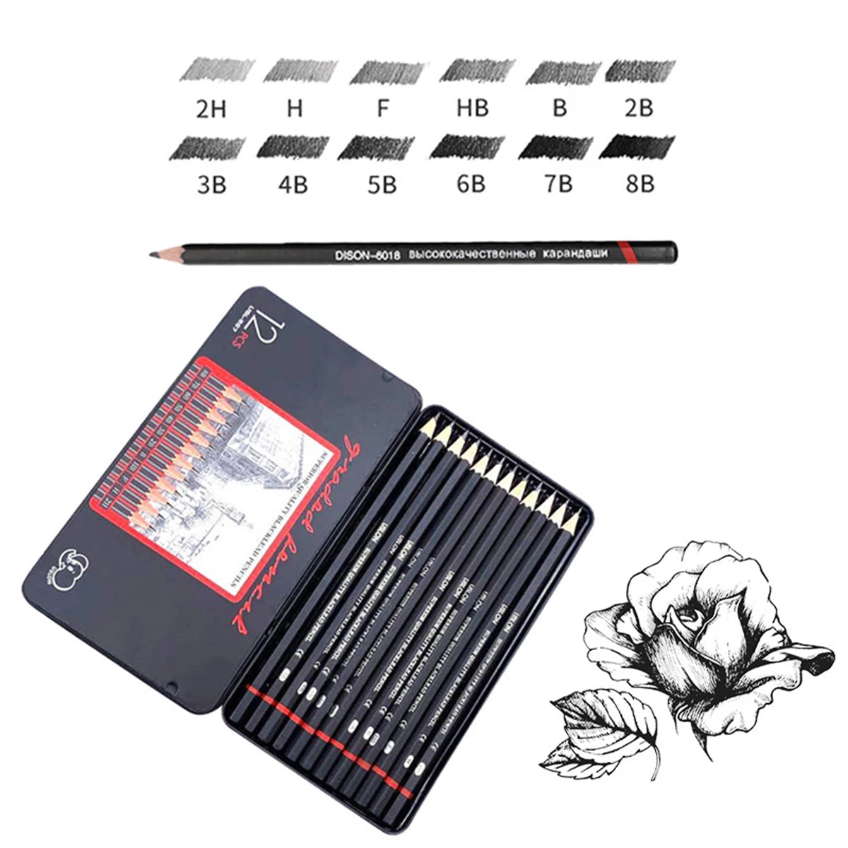 2H-8B Pencil Set Box of 12 Pencils Iron/Carton Package Drawing Art Painting Writing Supplies School Korean Stationery for Kids