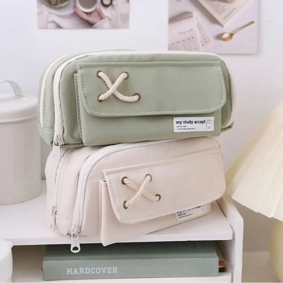 High Capacity Canvas Pencil Case, Solid Color Simple Design Layered Pencil Case, Multi-Purpose And Suitable Stationery Pouch