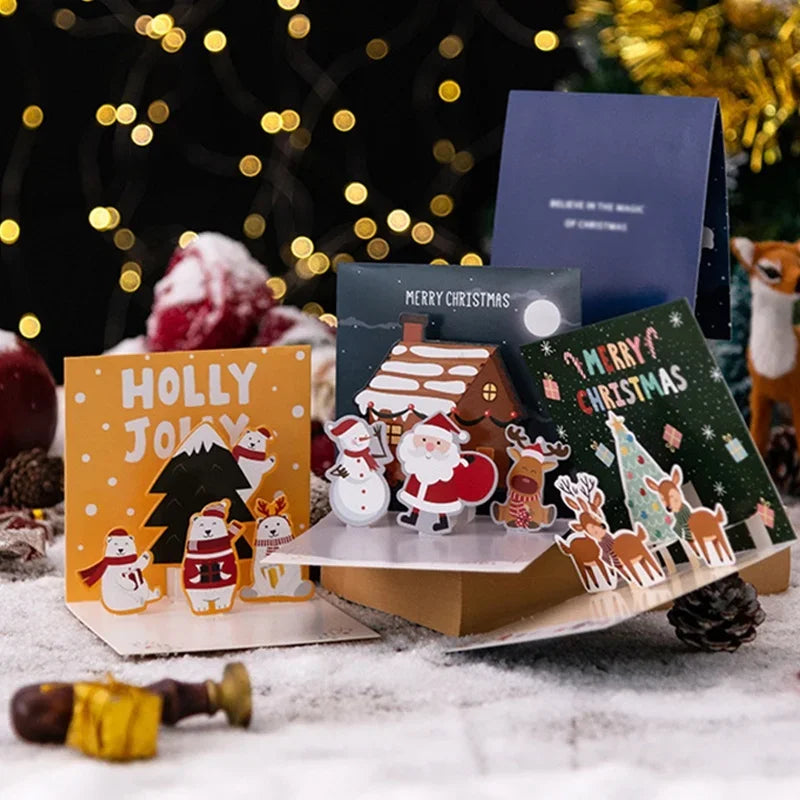 6 Pcs 3D Greeting Cards Creative Folding Christmas Eve Christmas New Year Holiday Blessings Friend Home Message Cards